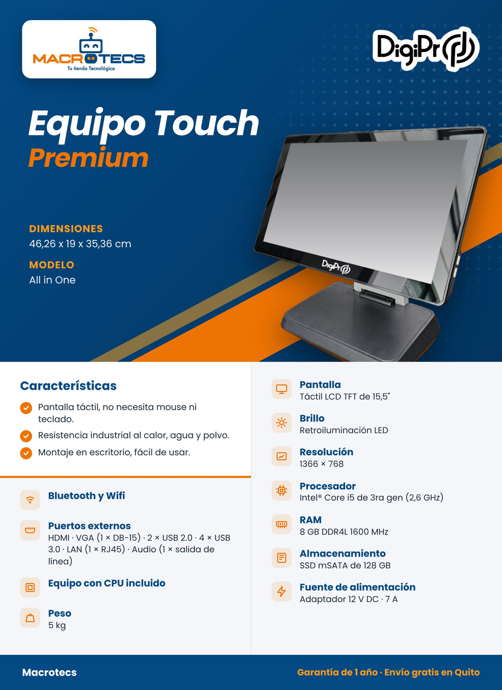 Ficha técnica del computador All in One táctil Touch Premium de 15,5 pulgadas