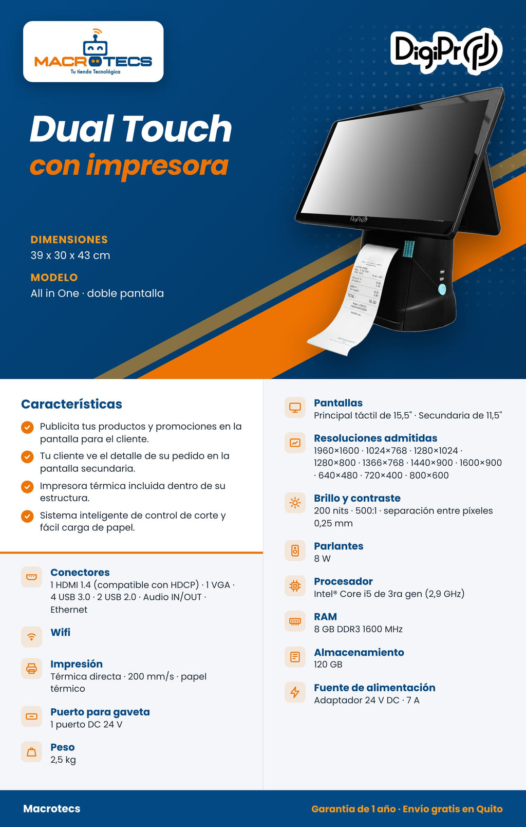 Ficha técnica del computador All in One Dual Touch con impresora