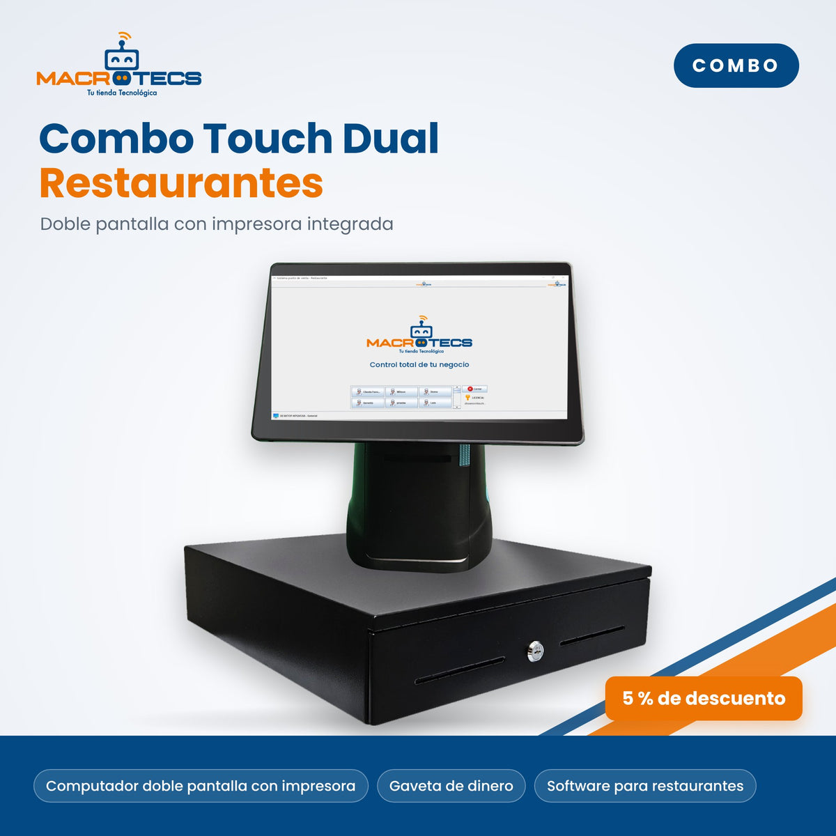 Combo Touch Dual Restaurantes: computador doble pantalla, gaveta y software