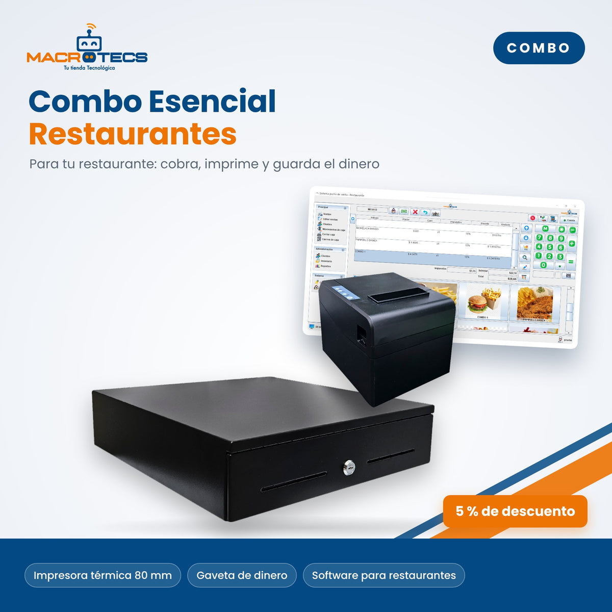 Combo Esencial Restaurantes: impresora térmica, gaveta y software