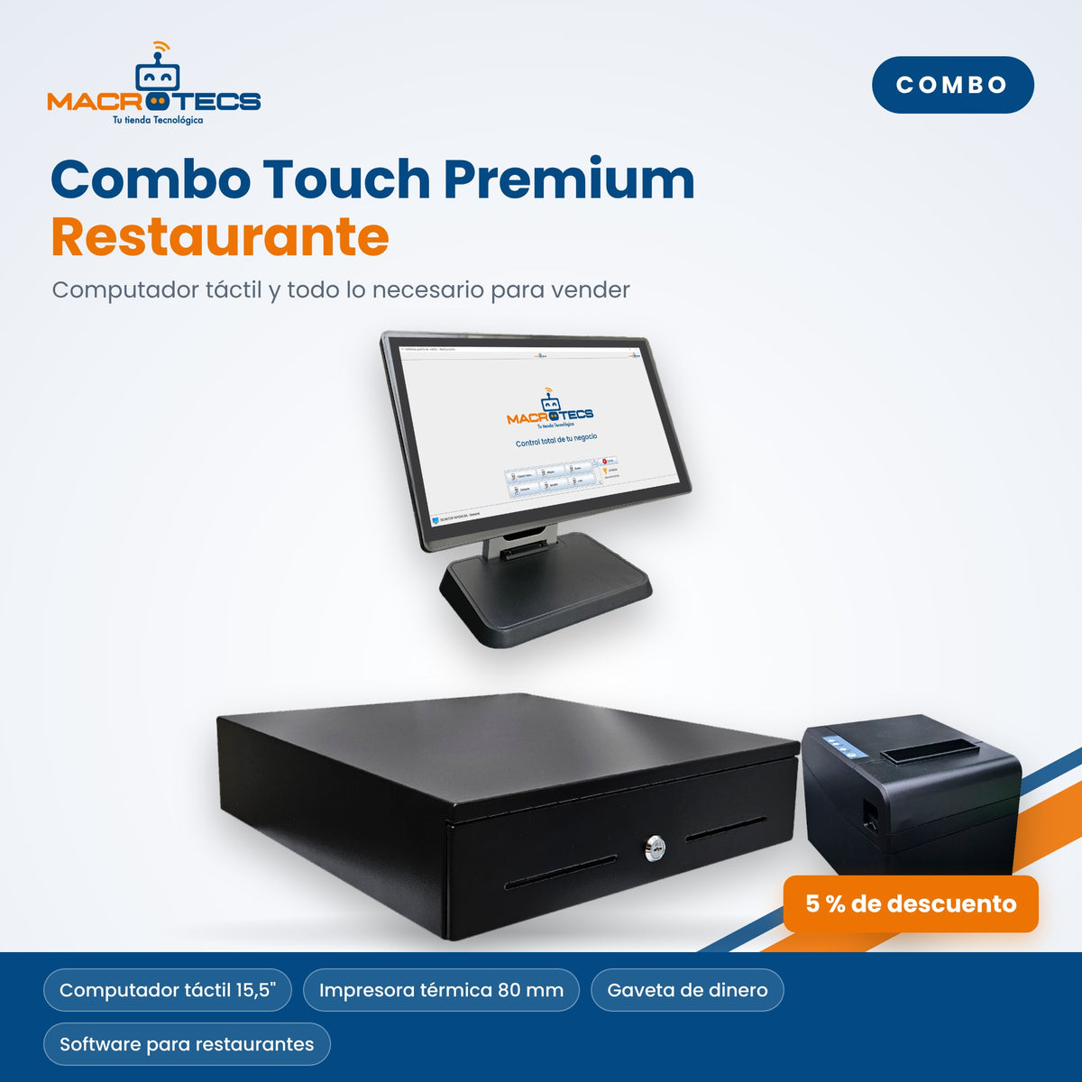 Combo Touch Premium Restaurante: computador táctil, impresora, gaveta y software