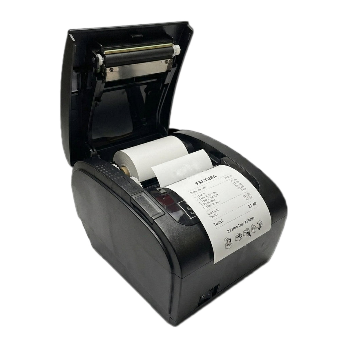 Impresora térmica 80 mm abierta con rollo de papel y ticket impreso