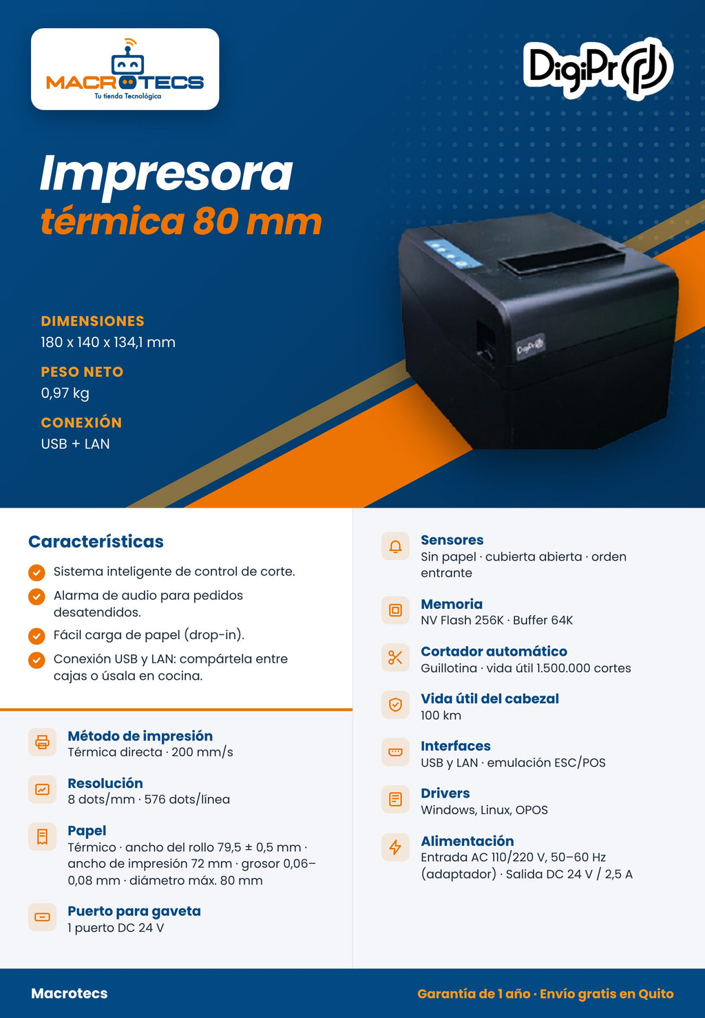 Ficha técnica de la impresora térmica 80 mm USB + LAN