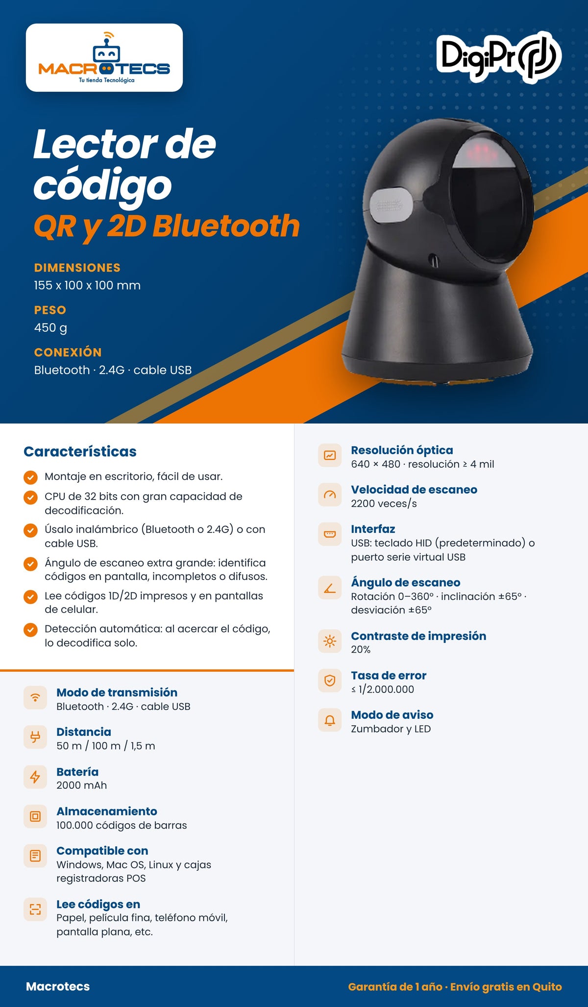 Ficha técnica del lector de código de barras QR inalámbrico Bluetooth