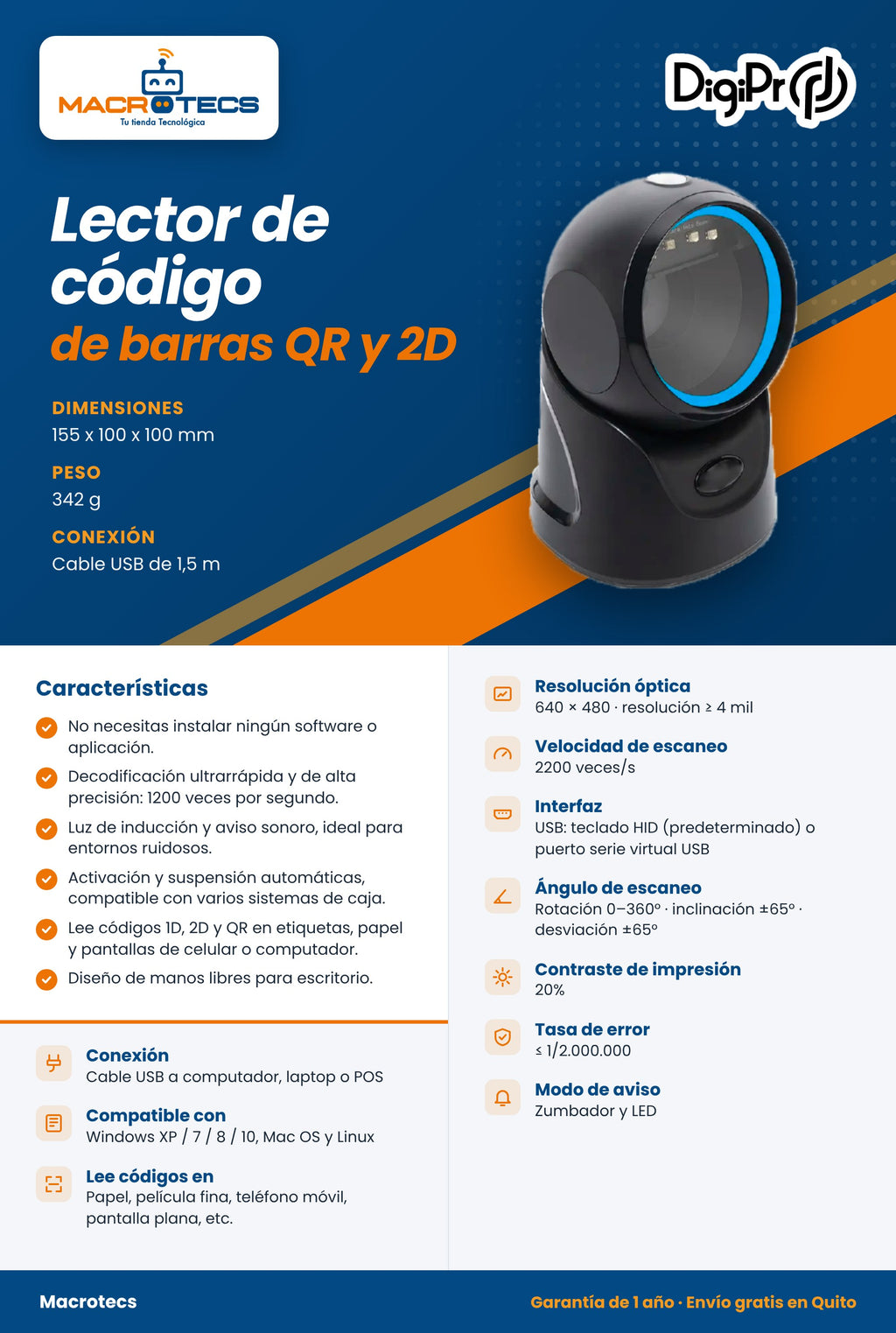 Ficha técnica del lector de código de barras omnidireccional USB