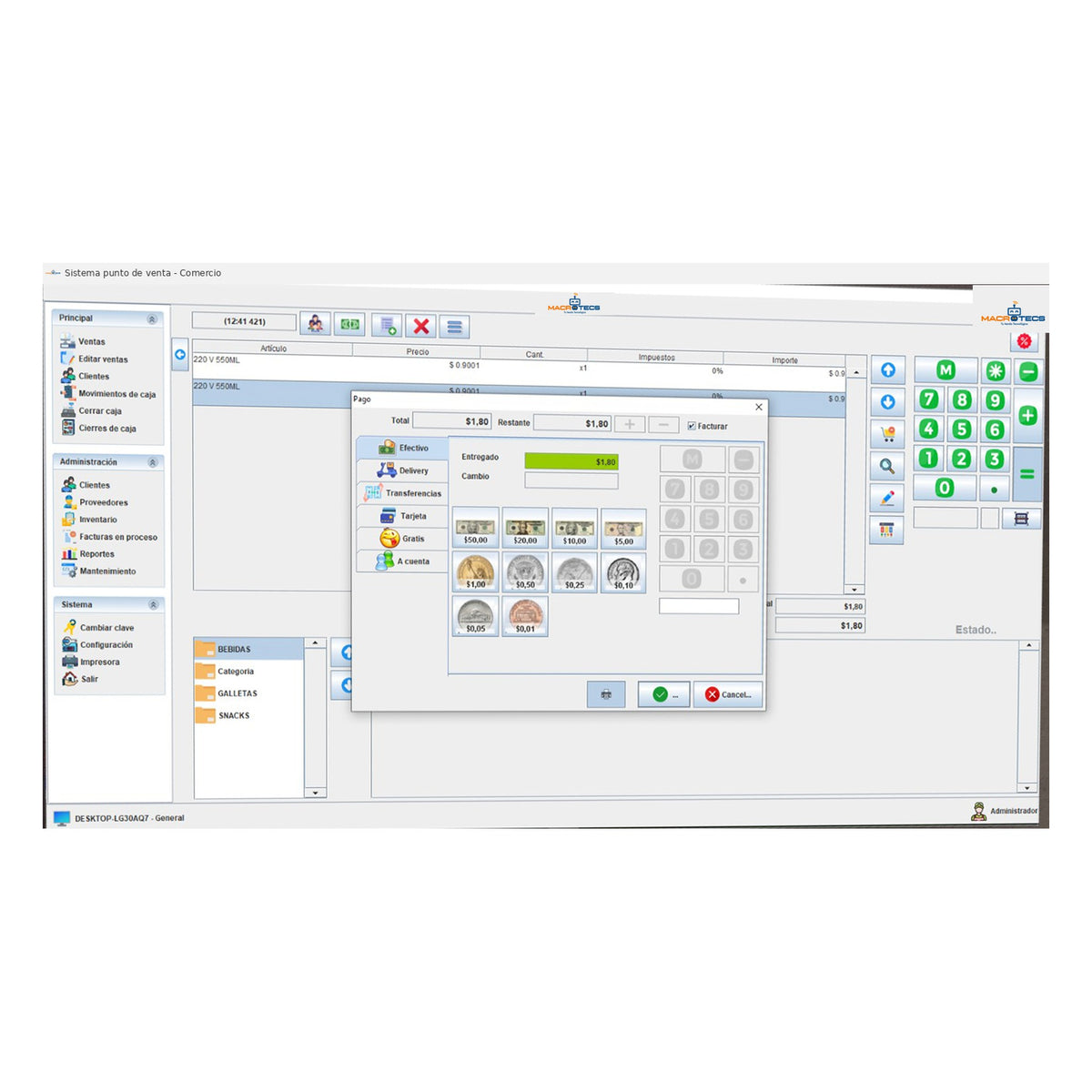 Pantalla de cobro del software punto de venta para comercios