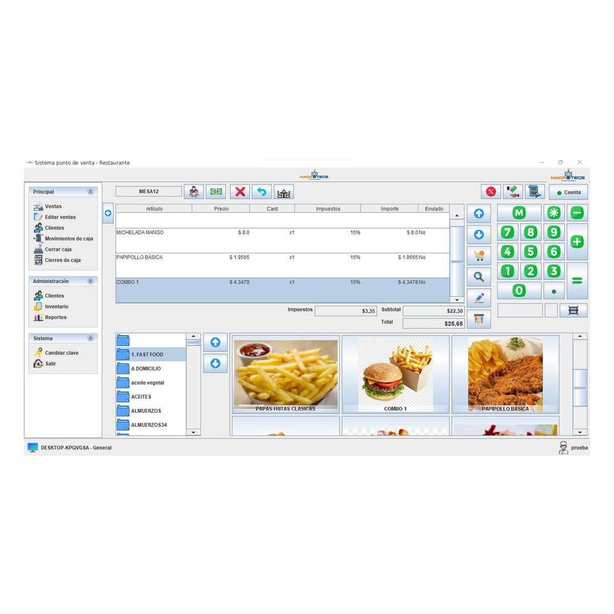 Pantalla de ventas por mesa del software para restaurantes